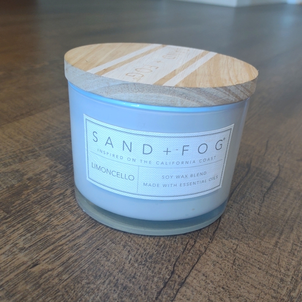 Sand + Fog soy wax blend large candle with wood lid, limoncello